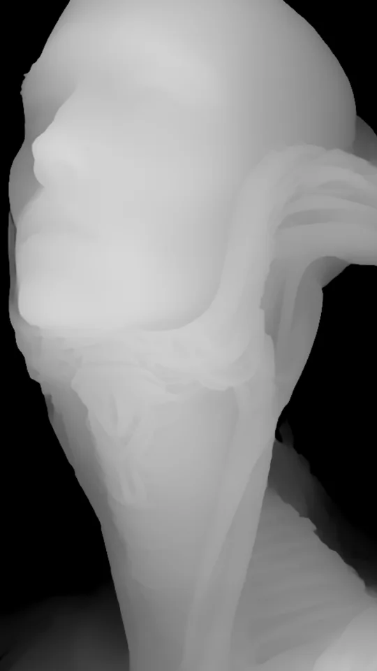 The same frame as a depth map: near is white, far is black
