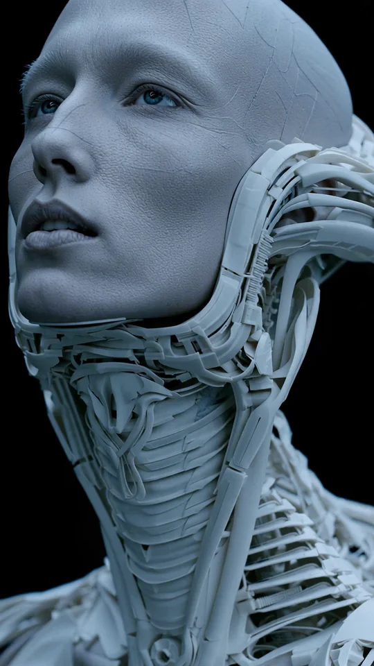 Source video frame: a sculpted head with cables