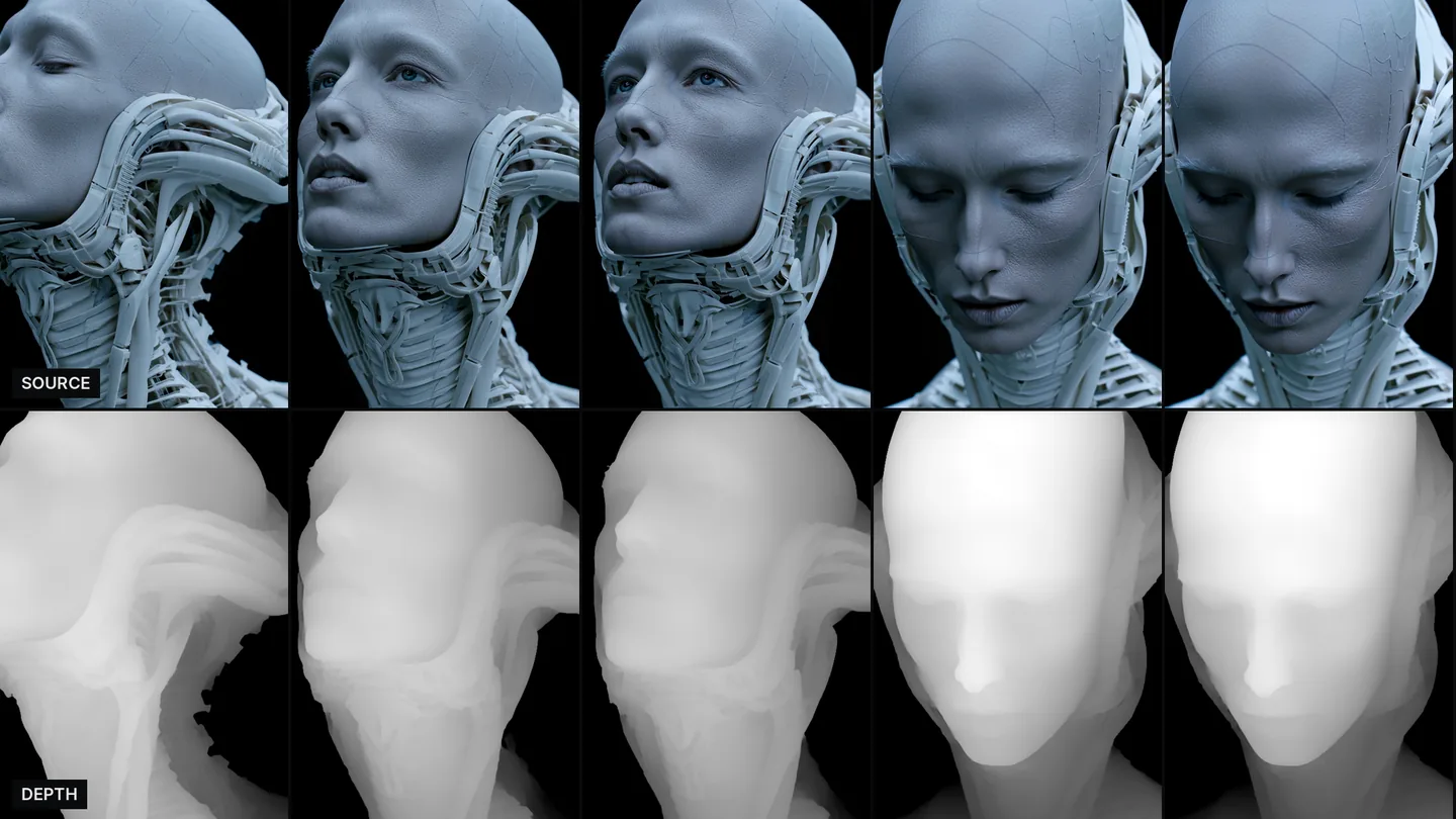 Five frames of a moving head, source on top and depth below. The depth stays consistent from frame to frame.